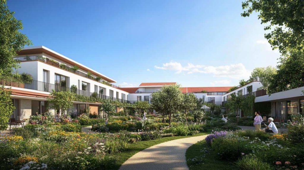 Jardin paysager fleuri au cœur d'une résidence d'hébergement en EHPAD à Nantes sous un ciel bleu